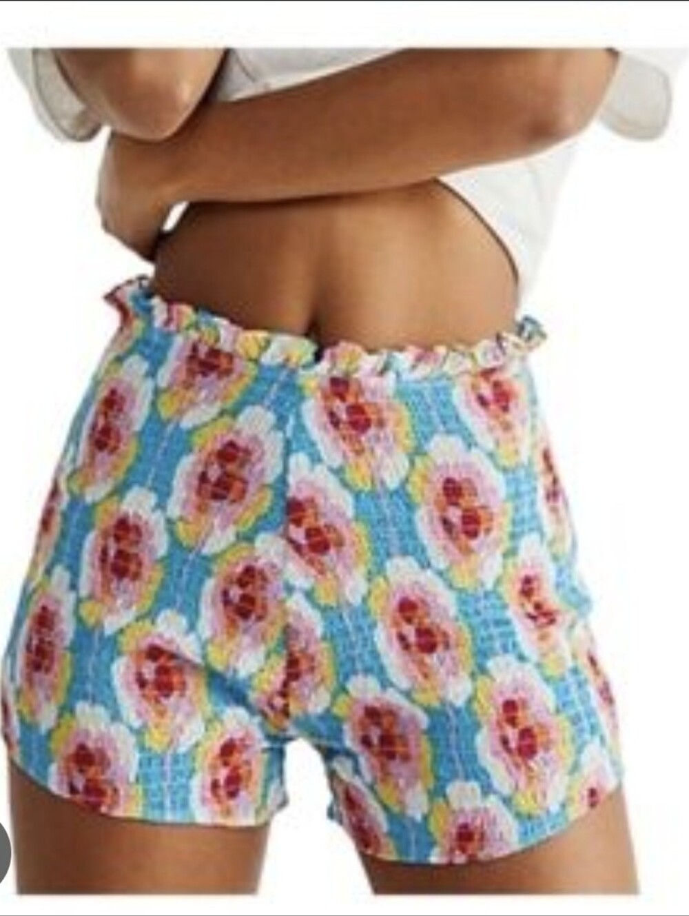 Free People Antik Batik Blue Pink Yellow Floral Smocked Shorts - Size L - NWT